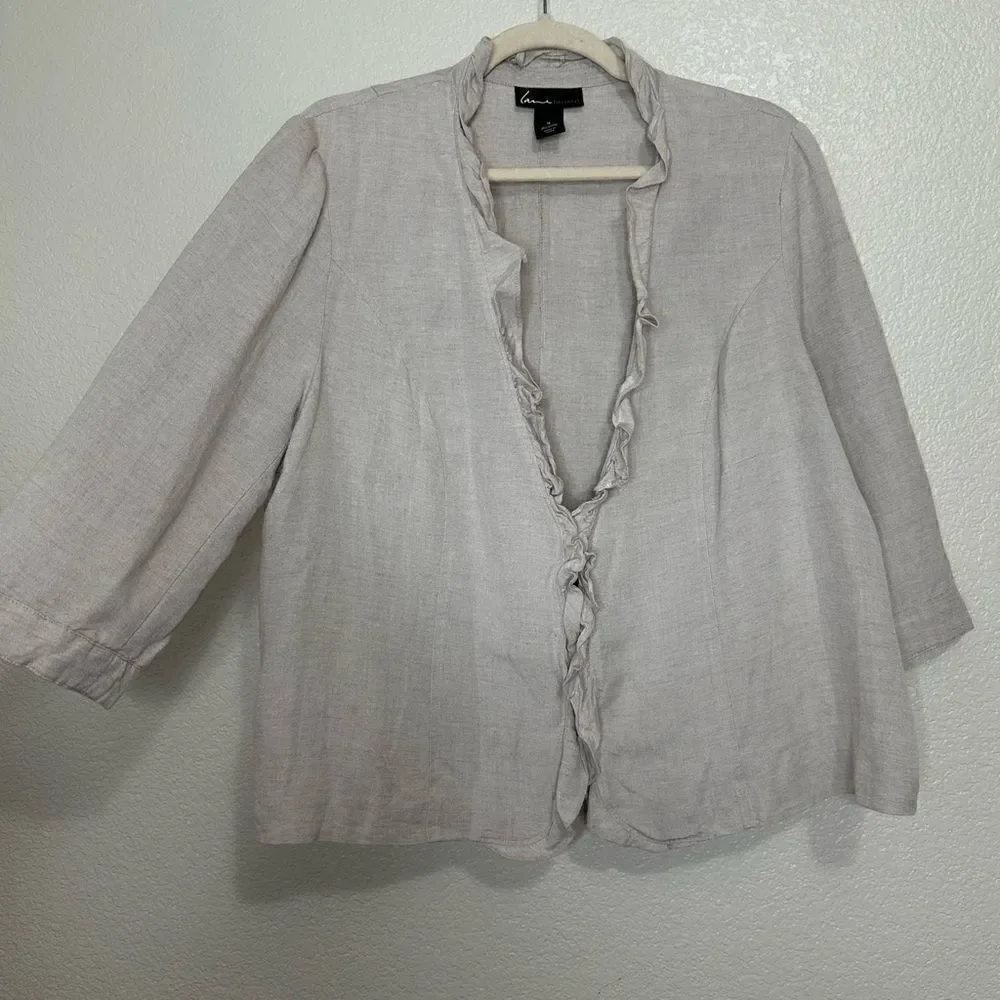 Lane Bryant Linen Blend Gray Ruffle 3/4 Sleeves Cardigan, Size 18